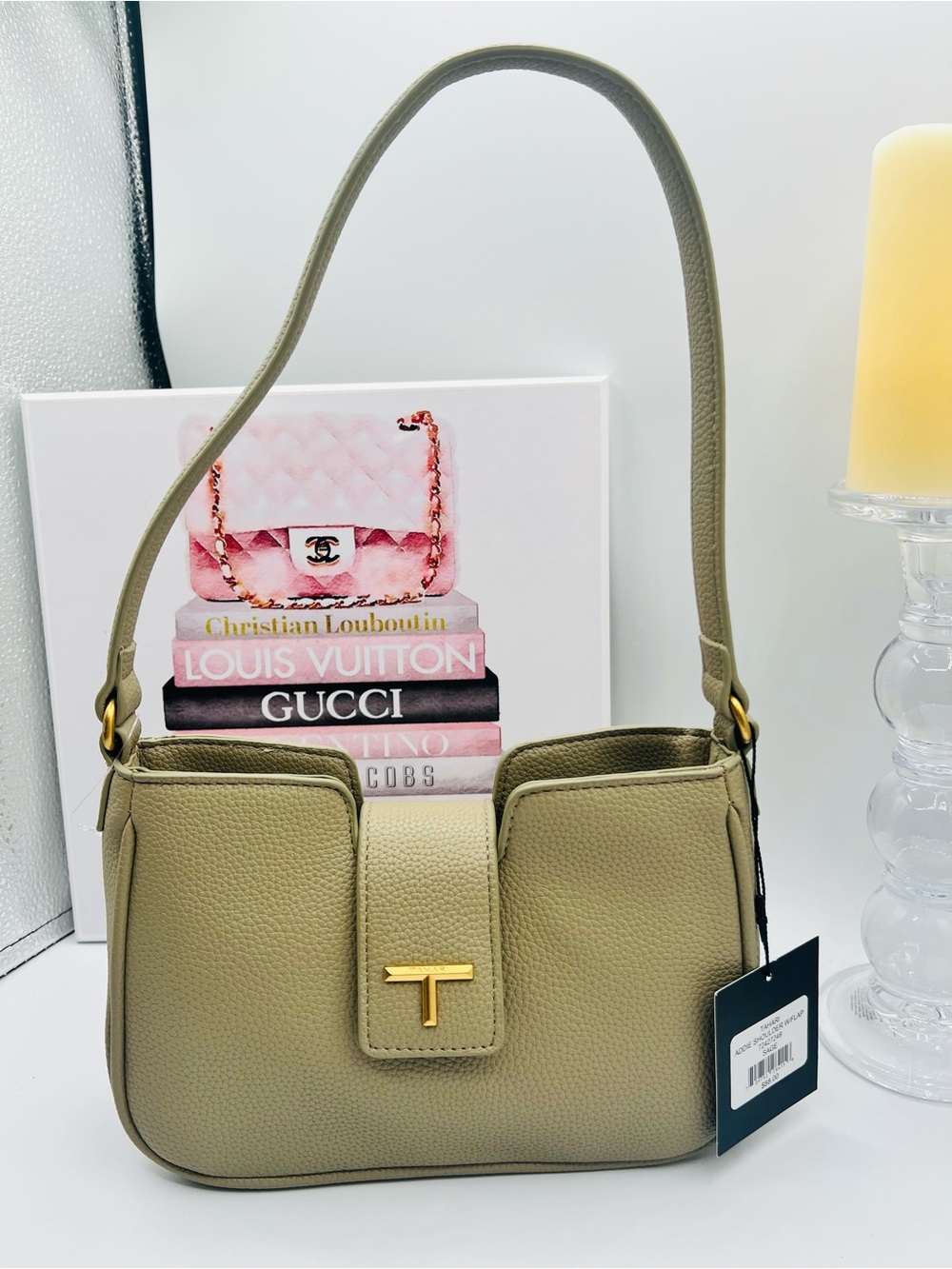 Tahari NWT Addie Shoulder Flap Bag - Sage Green with Gold Tone Hardware